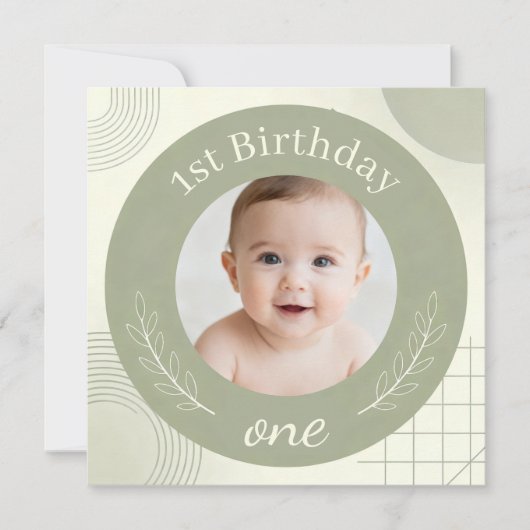 Custom Photo First Birthday - Personalized Sage  招待状 (正面)