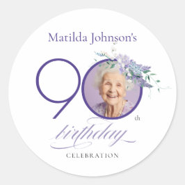 Custom Photo Floral Purple 90th Birthday ラウンドシール