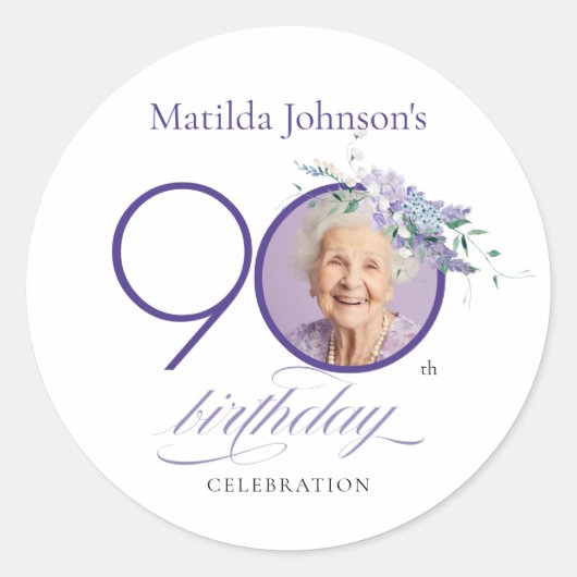 Custom Photo Floral Purple 90th Birthday ラウンドシール (正面)