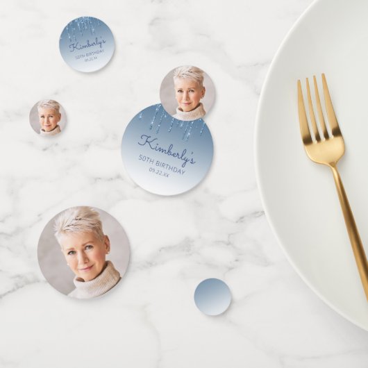 Custom Photo Glam Blue Glitter Drip 50th Birthday コンフェッティ (グループ)
