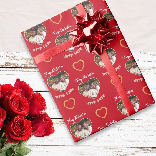 Custom Photo Hearts Pattern Red Gold Valentine ラッピングペーパー