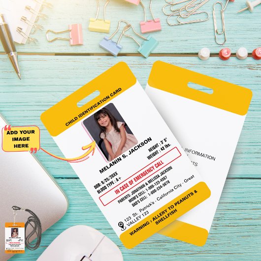 Custom Photo ID Badge for Kids with Emergency Cont バッジ