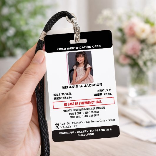 Custom Photo ID Badge for Kids with Emergency Cont バッジ