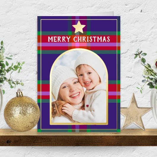 Custom Photo in an Arch Frame with Plaid Christmas 箔シーズンカード