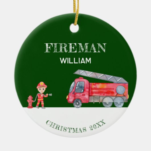 Custom Photo Keepsake Fireman Christmas Firetruck セラミックオーナメント (正面)