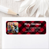 Custom Photo Merry Christmas Red Buffalo Plaid ラベル (インサイチュ)