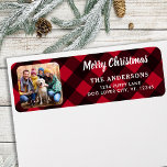 Custom Photo Merry Christmas Red Buffalo Plaid ラベル<br><div class="desc">Add the finishing touch to your envelopes, mailings and stationary with these Merry Christmas red buffalo plaid custom photo return address labels. Customize these holiday address labels with your favorite photo, dog photo, family photo or pet photo, name, and address. These simple photo return address labels are elegant and trendy....</div>