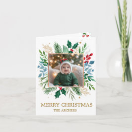 Custom Photo Merry Christmas Watercolor Botanical  シーズンカード
