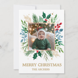 Custom Photo Merry Christmas Watercolor Botanical  シーズンカード