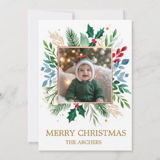 Custom Photo Merry Christmas Watercolor Botanical シーズンカード