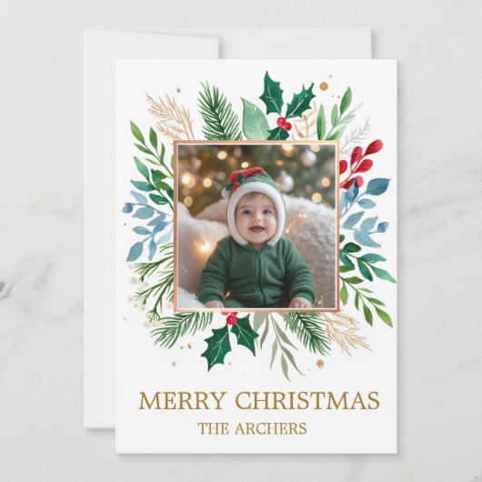 Custom Photo Merry Christmas Watercolor Botanical シーズンカード (正面)