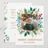 Custom Photo Merry Christmas Watercolor Botanical シーズンカード (正面/裏面)