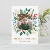 Custom Photo Merry Christmas Watercolor Botanical  シーズンカード (スタンド正面)