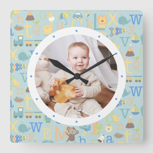 Custom Photo Modern Baby Boy Personalized Nursery スクエア壁時計 (正面)