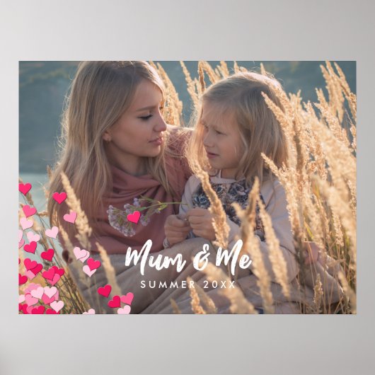 Custom Photo Modern Writing Scattered Pink Hearts ポスター (正面)