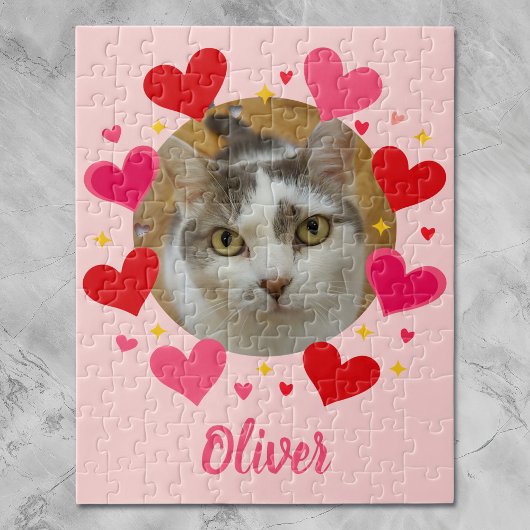 Custom Photo Name Red Pink Hearts Personalized ジグソーパズル