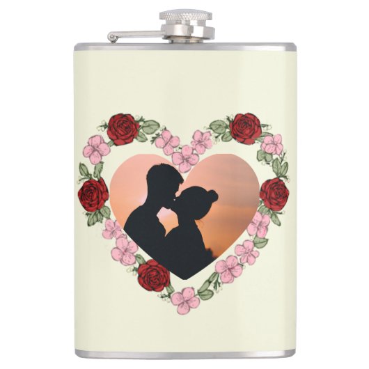 Custom Photo & Name Rose Heart Hip Flask フラスク (正面)