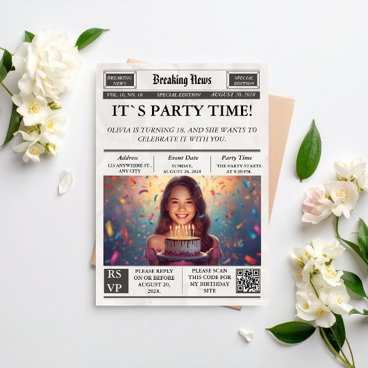 Custom Photo Newspaper Style Birthday Invitation 招待状