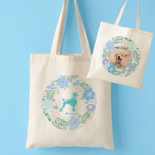 Custom Photo Poodle Tote – Pastel Blue Floral トートバッグ