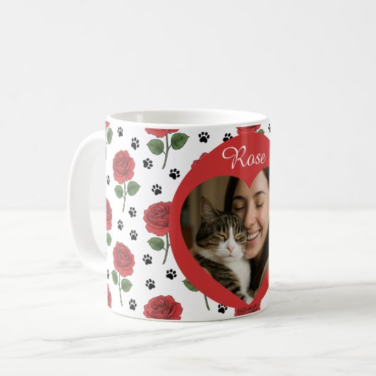 Custom Photo Red Roses and Paw Print Pattern コーヒーマグカップ (正面左)