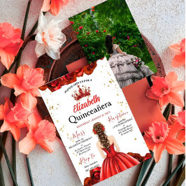 Custom Photo Royal Red Rose Quinceañera Invite 招待状