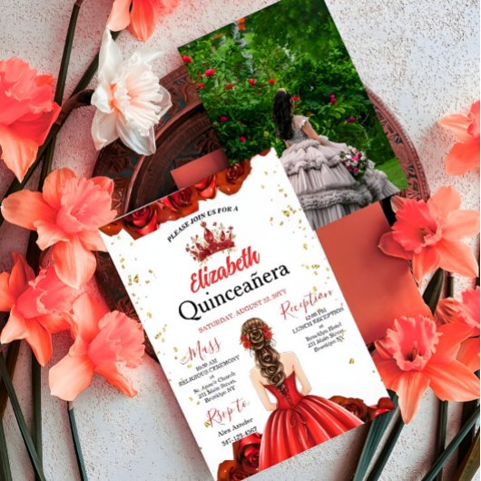Custom Photo Royal Red Rose Quinceañera Invite 招待状