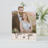 Custom Photo Rustic Beige Gingham And Hare Wedding サンキューカード (スタンド正面)