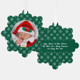 Custom Photo Santa Baby Snowflakes & Green Paper オーナメントカード