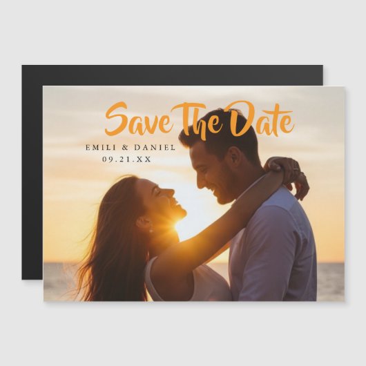 Custom Photo Save with Orange Script マグネット招待状 (正面/裏面)