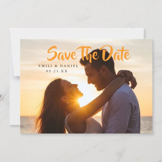 Custom Photo Save with Orange Script マグネット招待状 (正面)