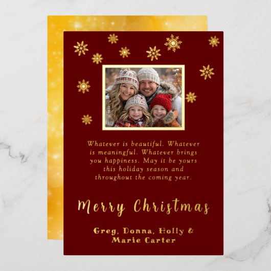 Custom Photo Snowflakes Merry Christmas 箔シーズンカード (正面/裏面)