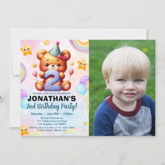 “Custom Photo Teddy Bear 2nd Birthday | Watercolor 招待状 (正面)