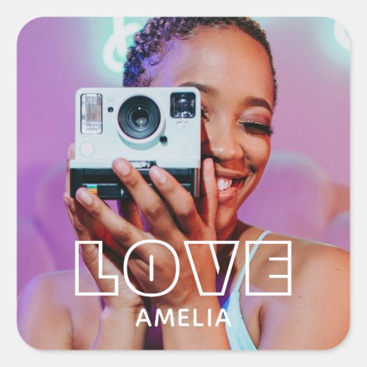 Custom Photo Text Retro Modern Love スクエアシール (正面)