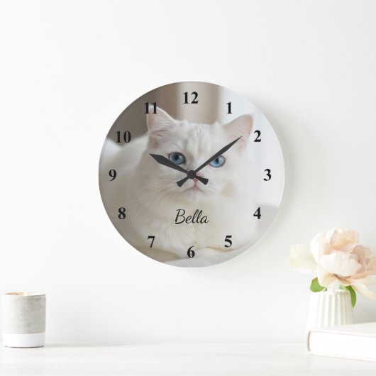 Custom photo wall clock with beautiful white cat ラージ壁時計 (ホーム)