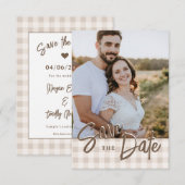 Custom Photo With Beige Gingham Save The Date セーブザデート (正面/裏面)