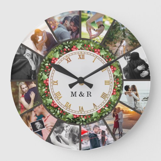 Custom Photos Collage Clock | Gift for Christmas ラージ壁時計 (正面)