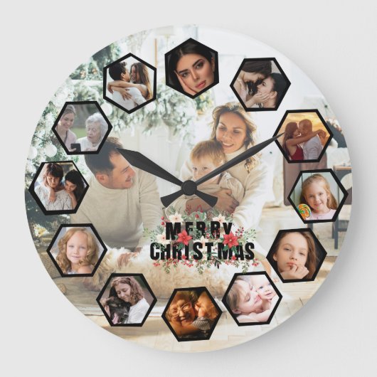 Custom Photos Collage Clock | Gift for Christmas ラージ壁時計 (正面)
