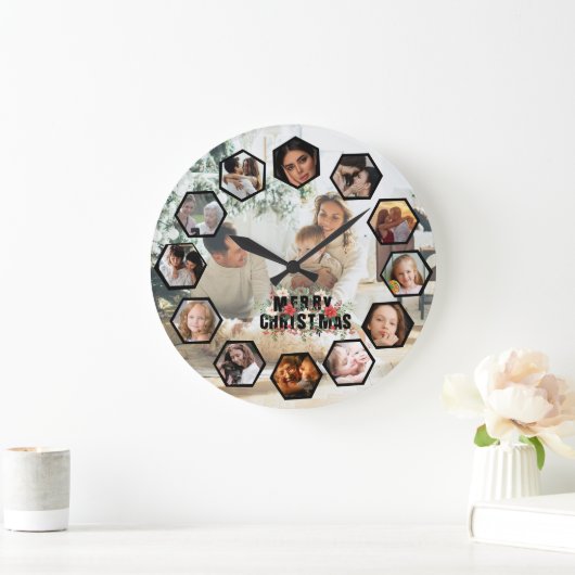 Custom Photos Collage Clock | Gift for Christmas ラージ壁時計 (ホーム)