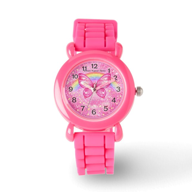 Custom Pink Butterfly Watch for Girls with Name 腕時計 (正面)