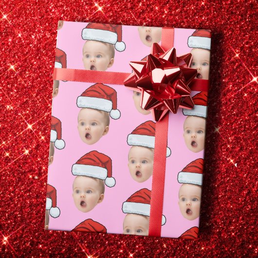 Custom Pink Christmas Face Photo Santa Hat  ラッピングペーパー
