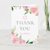 Custom Pink Floral Bat Mitzvah Party Jewish サンキューカード (正面)