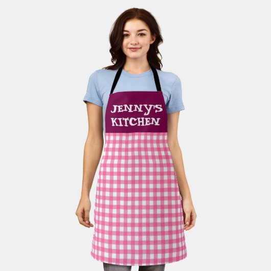 CUSTOM PINK GINGHAM KITCHEN APRON エプロン (着用した状態)