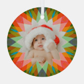 Custom Pink Green Christmas Star Photo Gift Tree ガラスオーナメント (裏面)