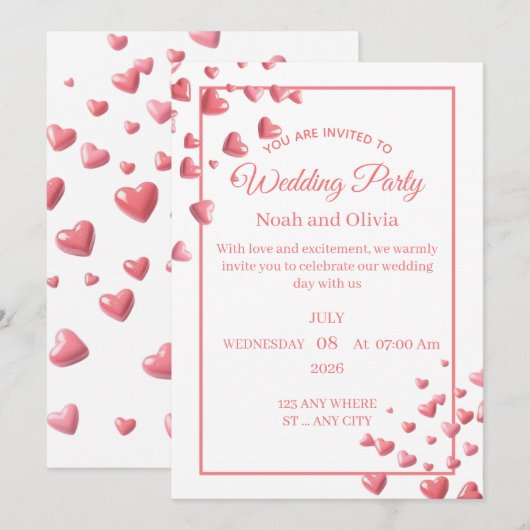 Custom Pink Heart Wedding Invitation Card 招待状 (正面/裏面)