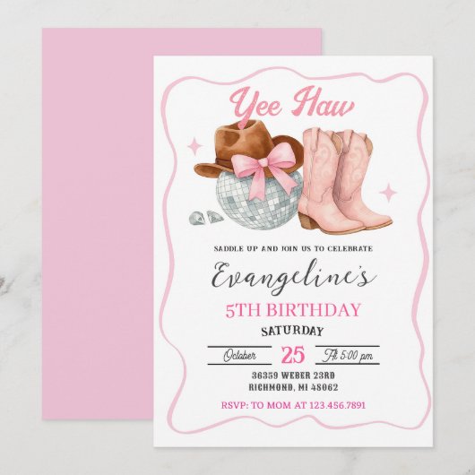 Custom Pink Rodeo Space Cowgirl Disco Birthday  招待状 (正面/裏面)