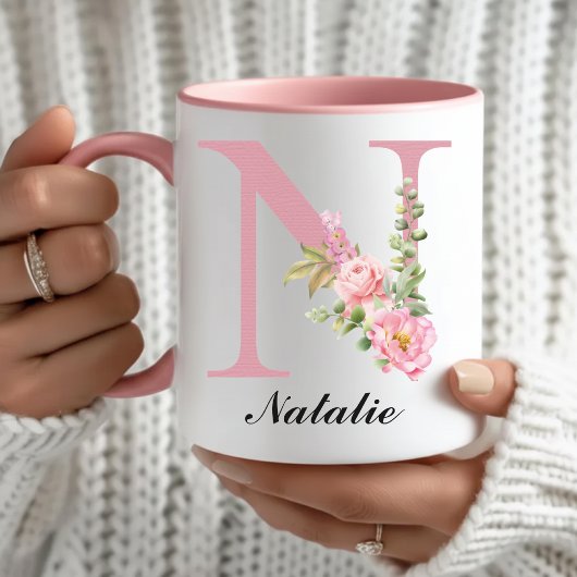 Custom Pink Rose Floral Monogram Mug Gift for Her マグカップ