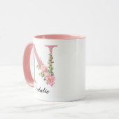 Custom Pink Rose Floral Monogram Mug Gift for Her マグカップ (正面左)