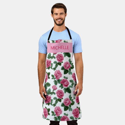 Custom Pink Rose Floral Pattern エプロン (着用した状態)