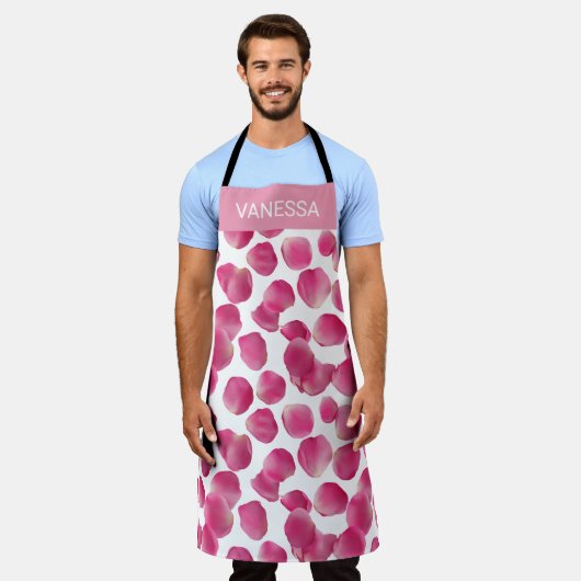 Custom Pink Rose Petals Pattern エプロン (着用した状態)