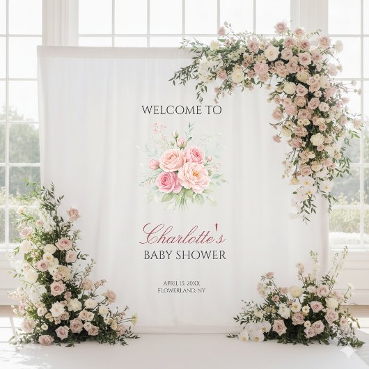 Custom pink roses girl baby shower backdrop banner タペストリー